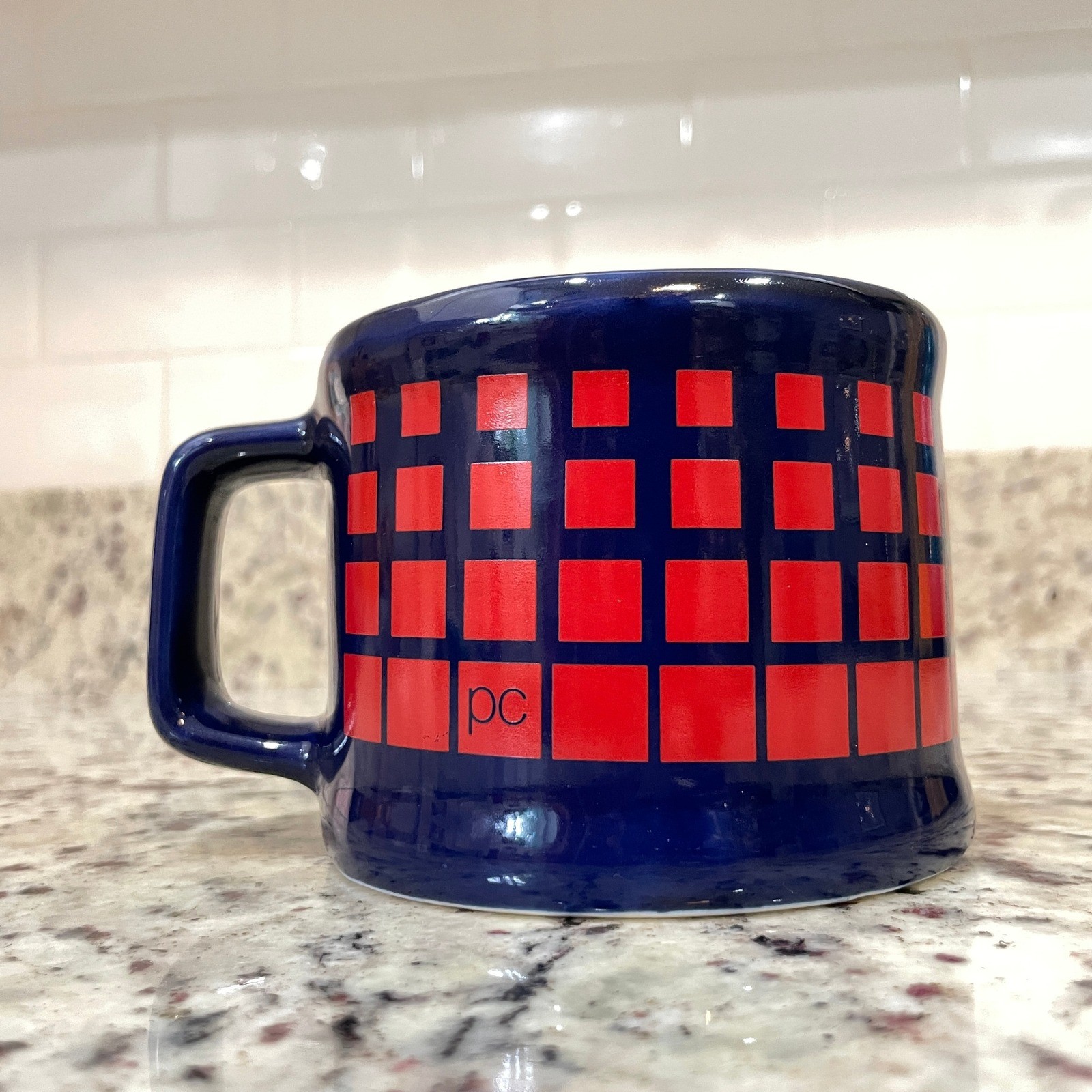 VTG Pierre Cardin Ceramic Coffee Mug Navy Red Check MCM Style Designer