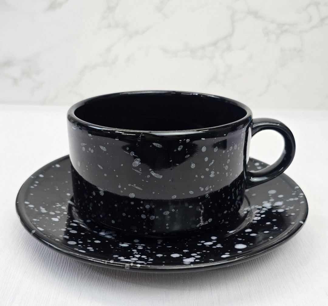 Black & White Speckled Stoneware Soup Bowl / Oversized Coffee Mug and Saucer