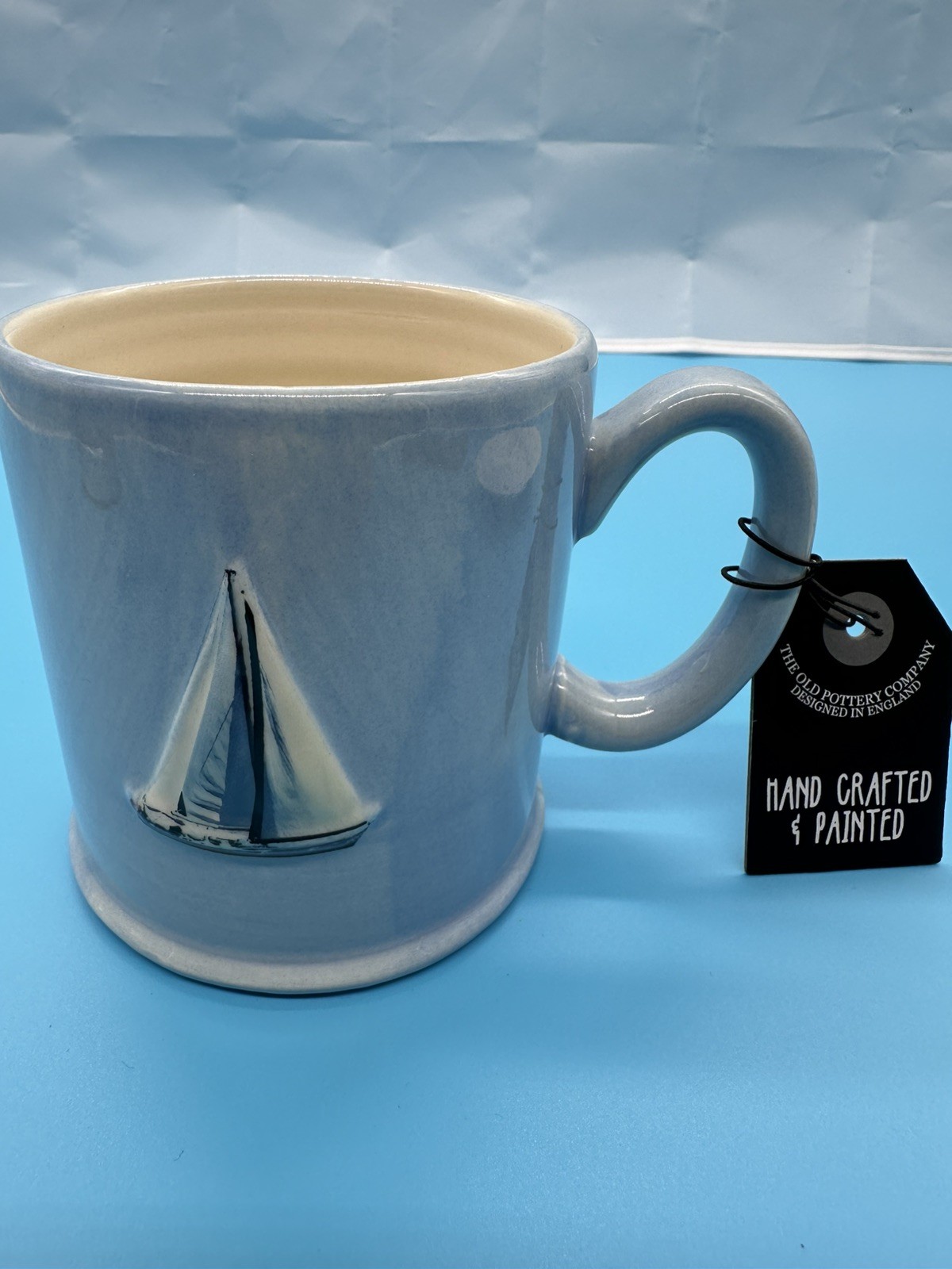 The Old Pottery Company Mug SAILBOAT Coffee mug Hand Painted Blue.