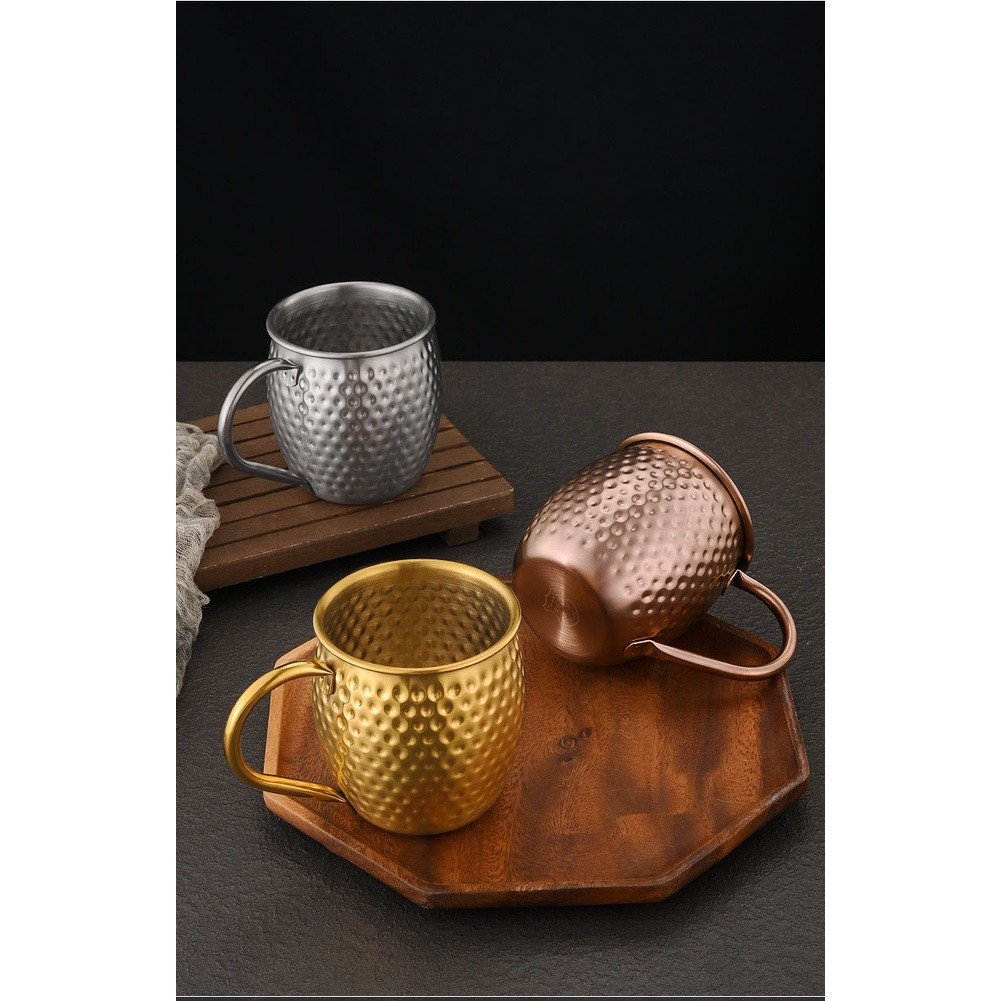 Korean Style Stainless Steel Tumbler Mug Hammered Texture 520ml with Handle