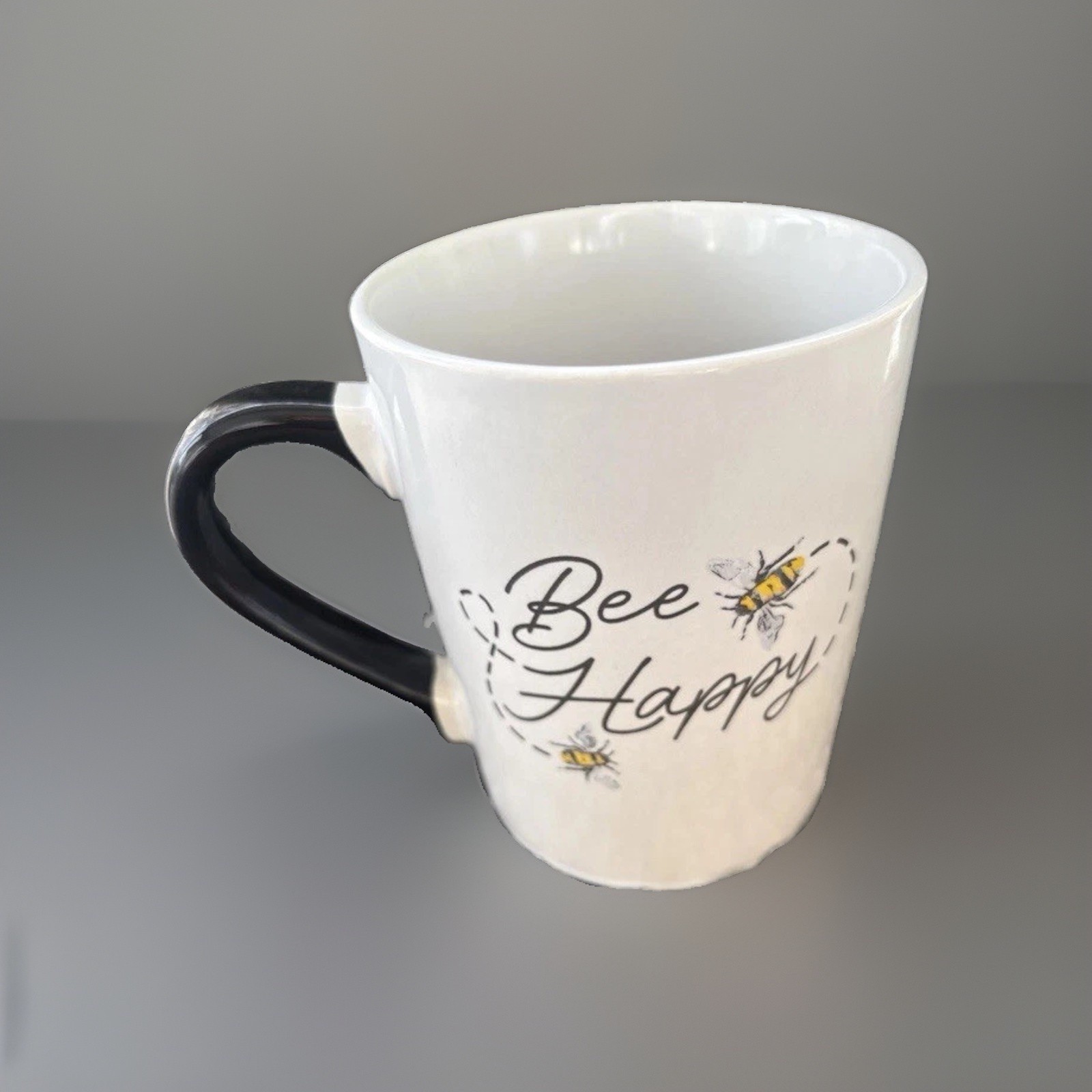 Bee Happy 14 oz Ceramic Novelty Coffee Mug White w/ Black Handle Microwave Safe