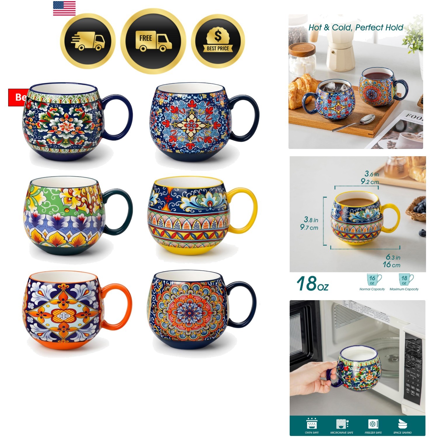 Coffee Mugs Set of 6 Porcelain Coffee Cups 18oz Colorful Boho Safe Microwave