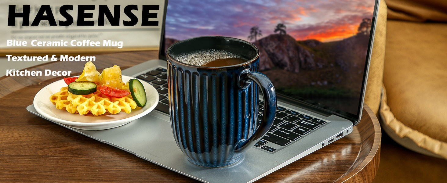 20 Oz Large Ceramic Coffee Mug, Ribbed Textured Tea Cup with Big Easy Grip
