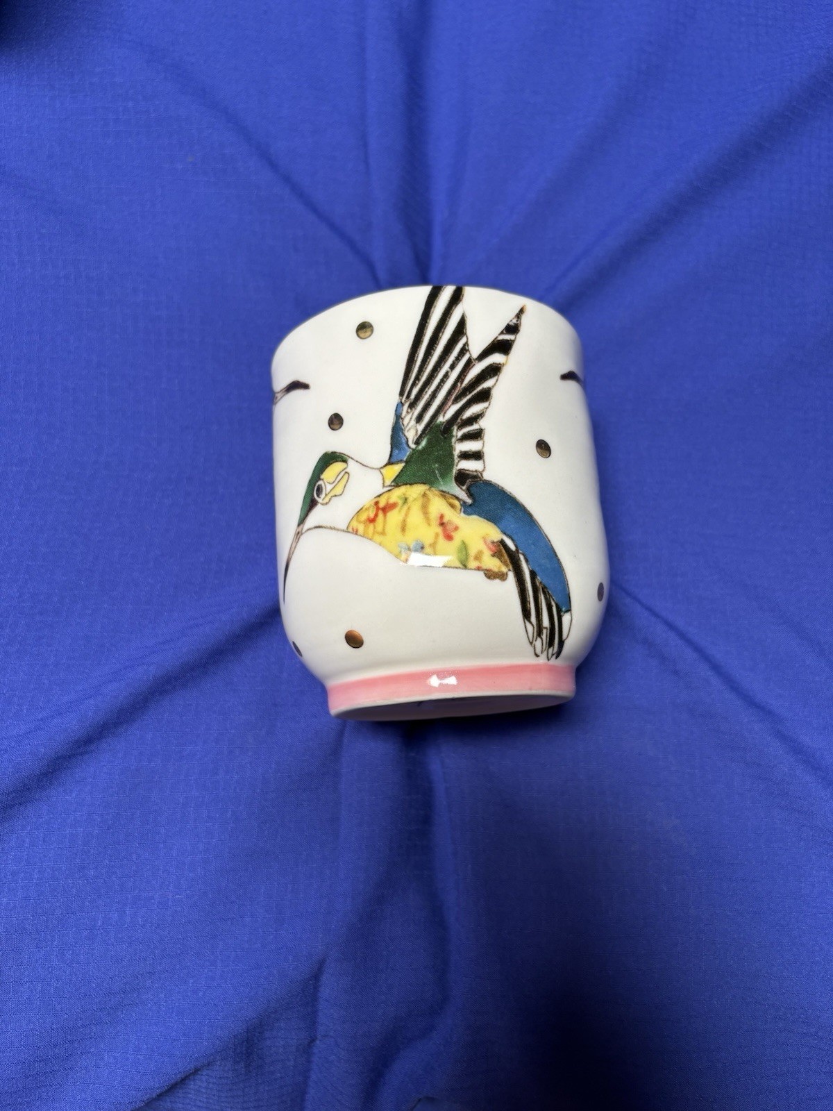 Lee Page Ceramic 3 Hummingbird Coffee Mug White Pink Gold-Tone Handle Decorated