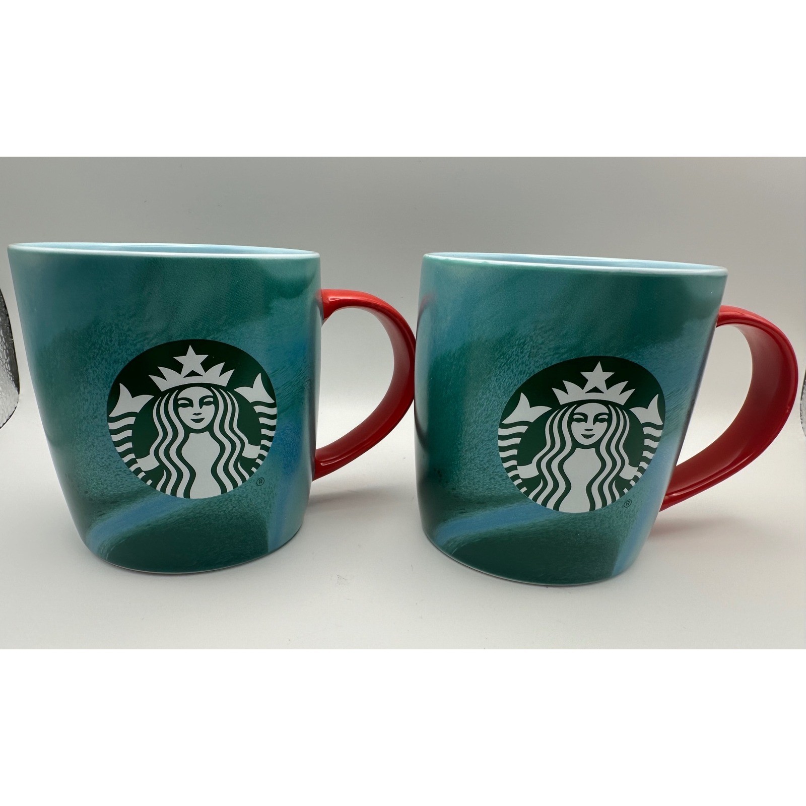NEW Starbucks 2024 Holiday Teal Green Marble Red Handle Siren Mug Set of 2 11oz