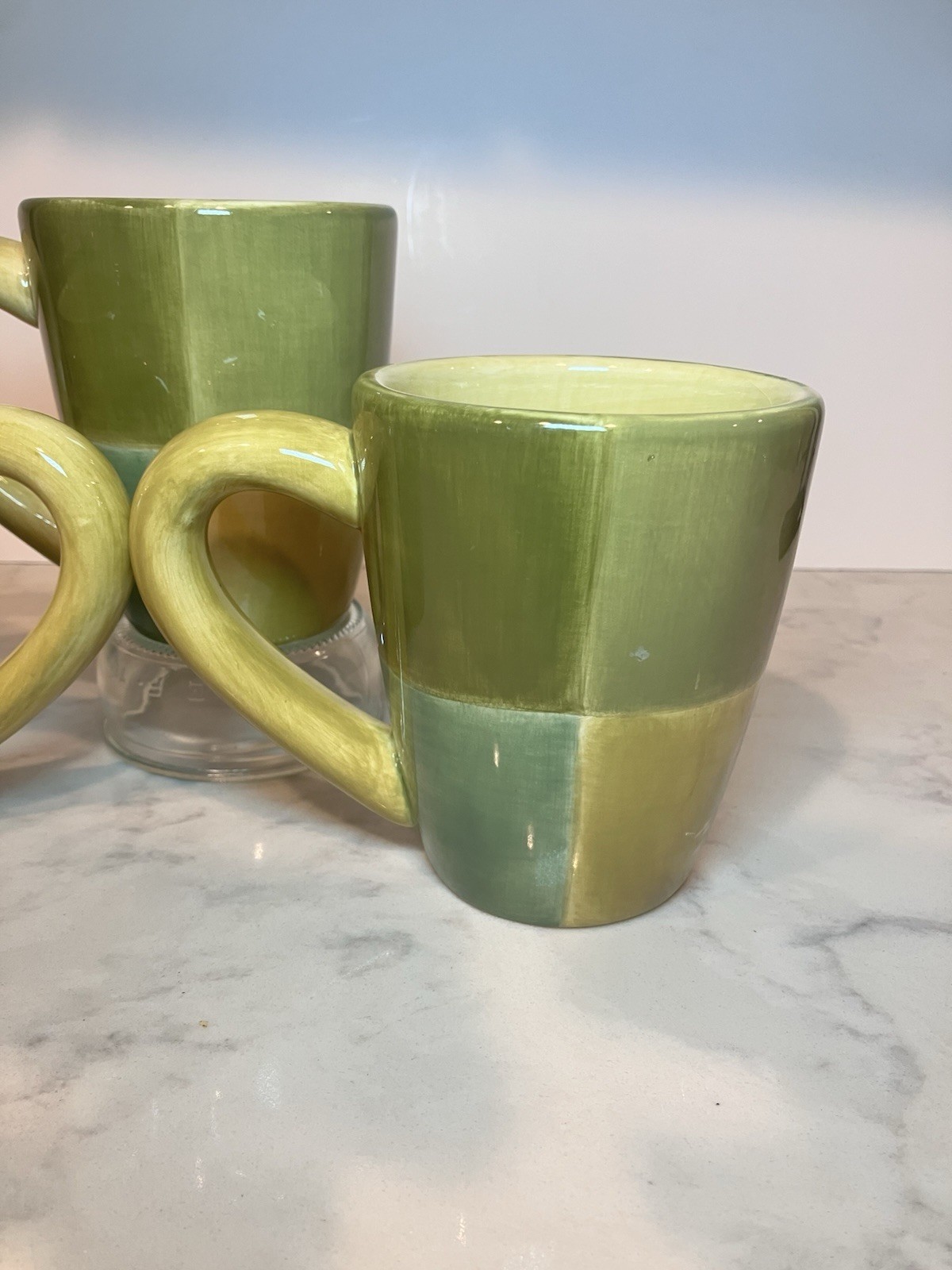Set of 3 Crate & Barrel Color-Blocked Green & Yellow Ceramic Mugs Thick Handles