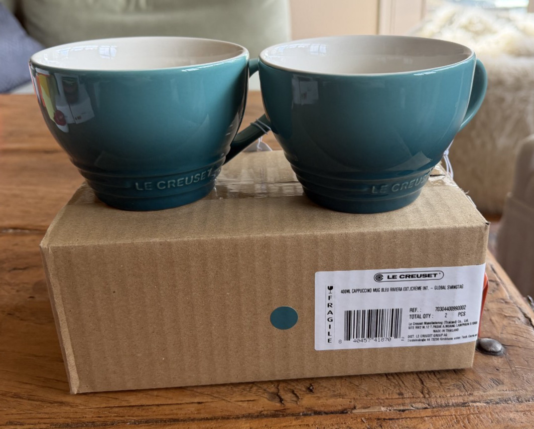 Le Creuset Stoneware Set of 2 Giant Cappuccino Bistro Mug 14 oz Riviera NEW