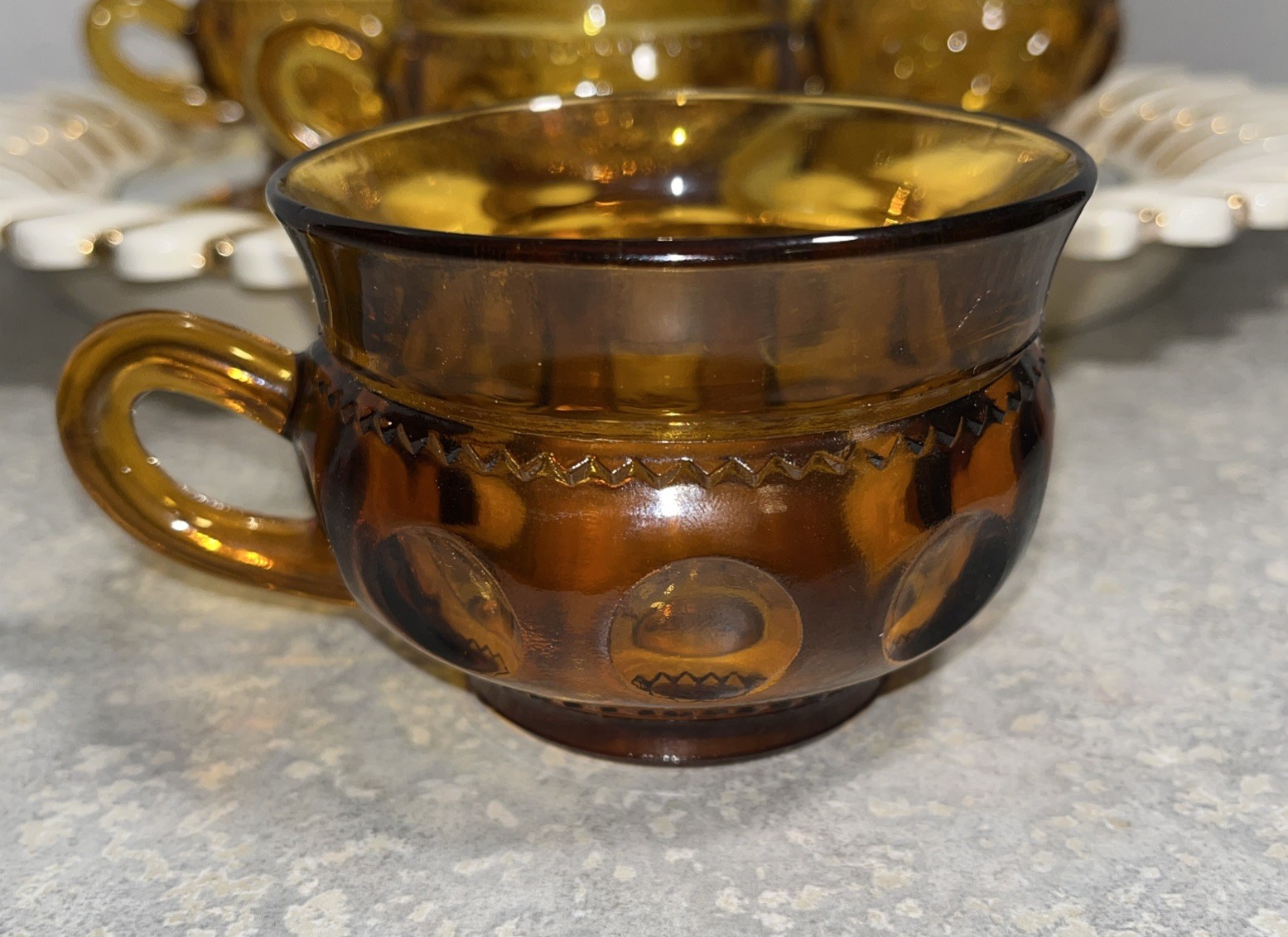 Set of Four VTG Indiana Glass Amber Dimpled Zigzag King’s Crown Tea Cup (480)