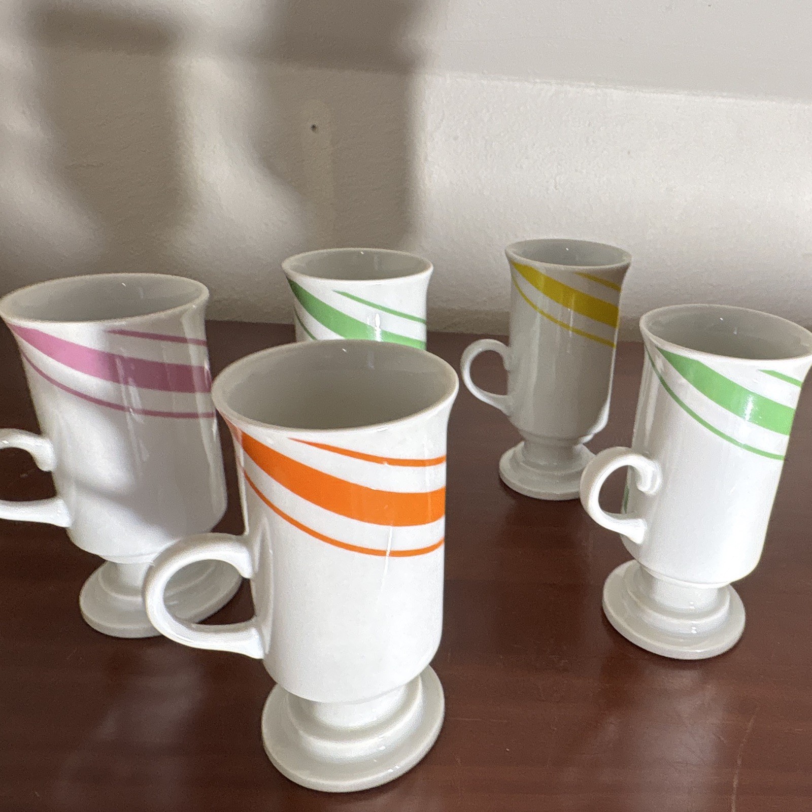 5pc Ceramic 8 fl oz White Pedestal Coffee Mug Set, Colorful Striped Bands