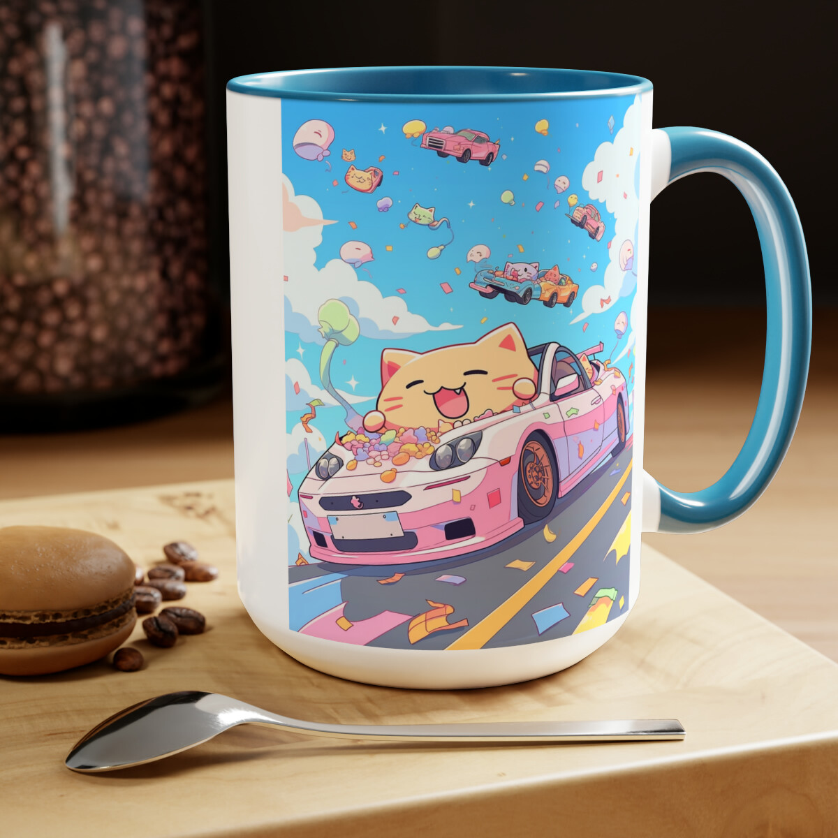 15oz Two-Tone Coffee Mugs Orange Tabby Cat Kitty Pink Sports Car Anime Cartoon