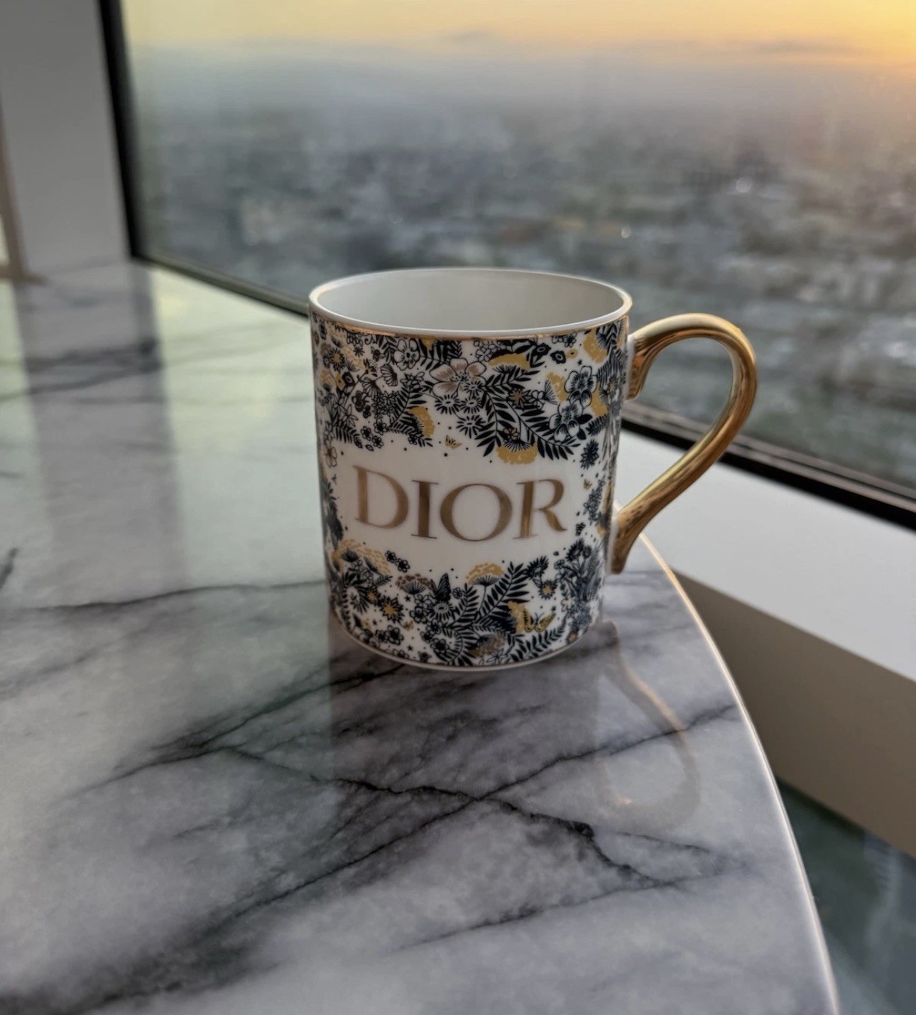 Dior Porcelain Coffee Mug Floral White/Blue Gold Handle Made in France 10.1oz