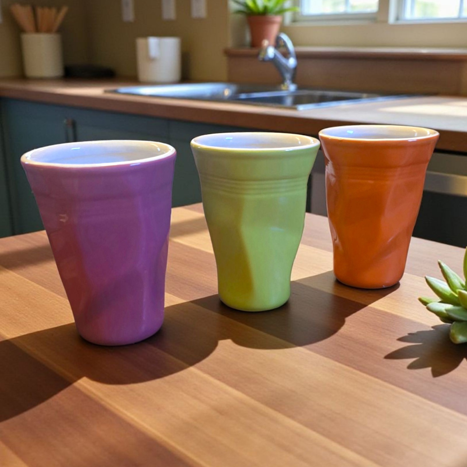 3 Porcelain Crumpled Crush 9 Oz Cup Mug Tumbler Set Green Orange Purple 4.5″
