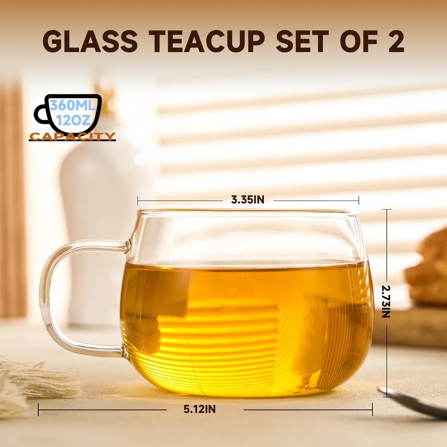 Glass Tea Cups Set of 2, Clear Borosilicate Glass Teacups with Handle for