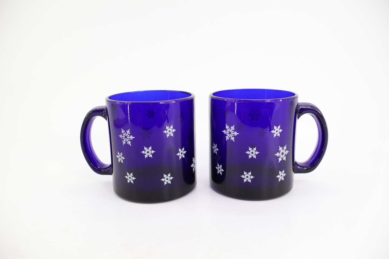 Libbey Cobalt Blue Glass Mugs Set of 2 White Snowflake Winter Christmas Holiday