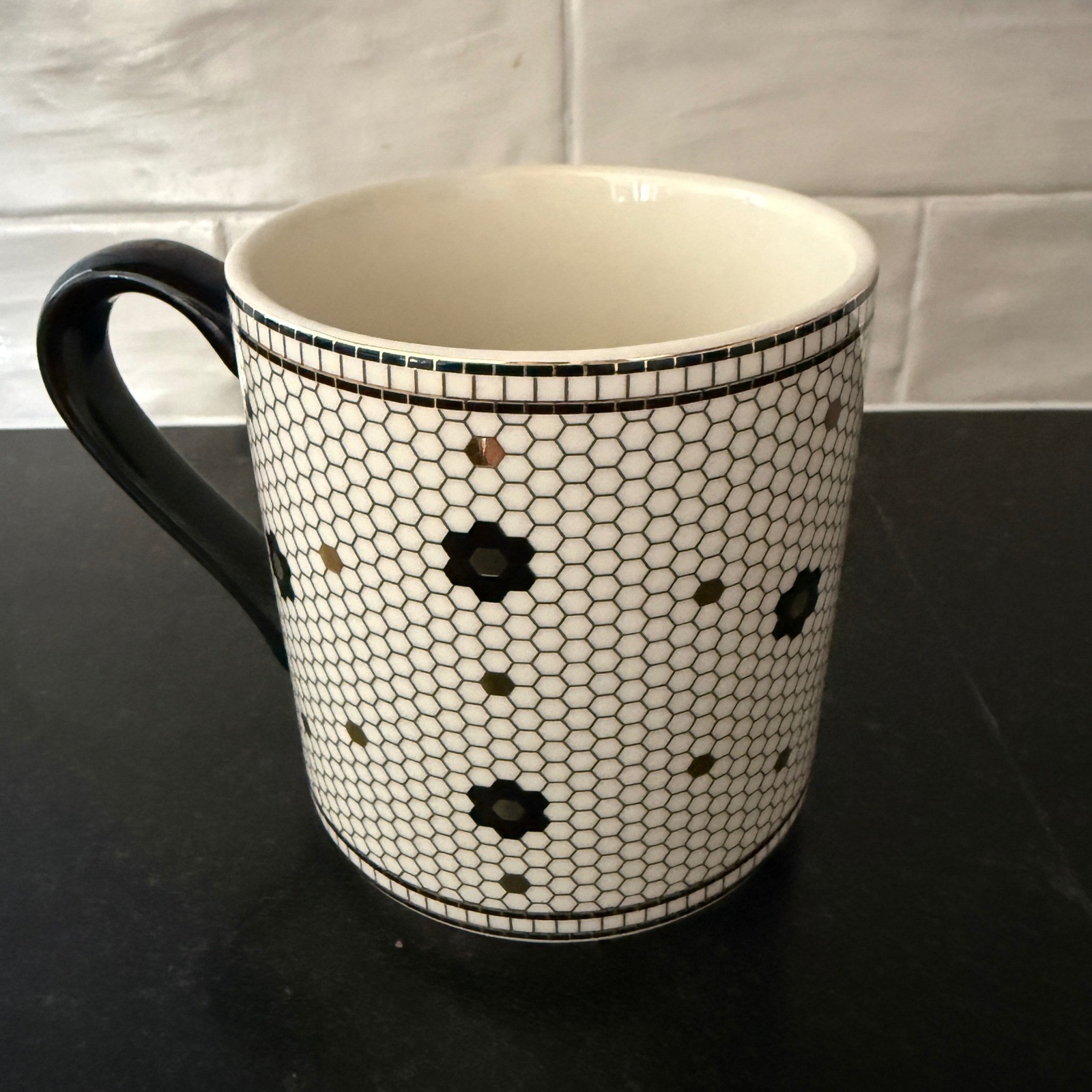 Anthropologie Bistro Tile Monogram Mug W Black White Gold Mosaic Coffee Cup