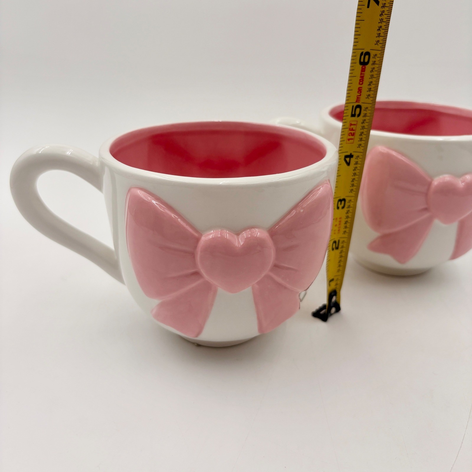 Slay The Day Pink Bow Heart Ceramic Coffee Mugs Set of 2 White Pink Hand Painted