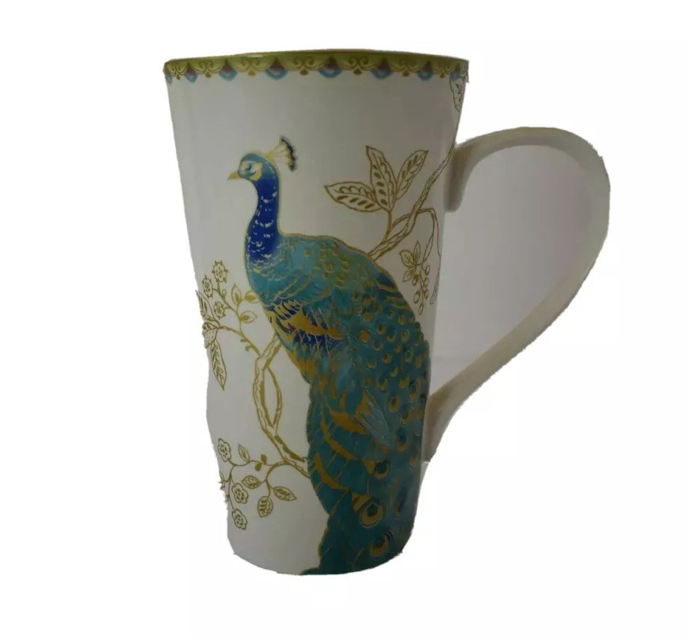 Latte Mug Peacock Garden Fine China 222 Fifth 6.5” Aqua/Turquoise 16oz