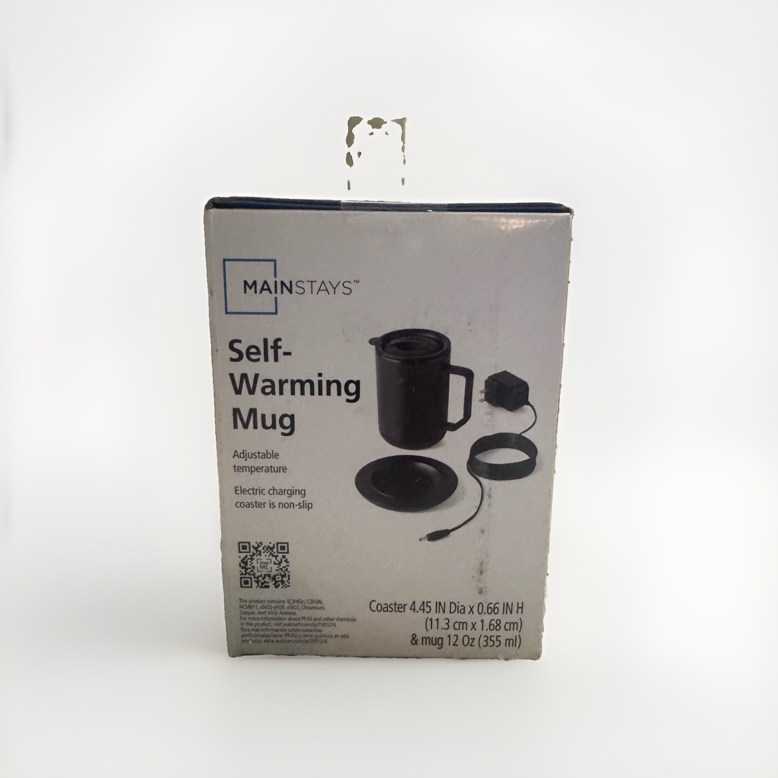 Mainstays Self-Warming Mug 12 oz Black Stainless, Adjustable Temp, Lid, Coaster