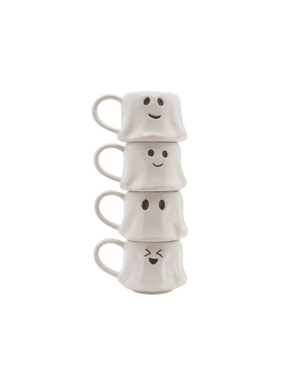 Spooky Halloween Espresso White Ghost Stoneware Mug Set W/ Iron Rack 4 Pcs New