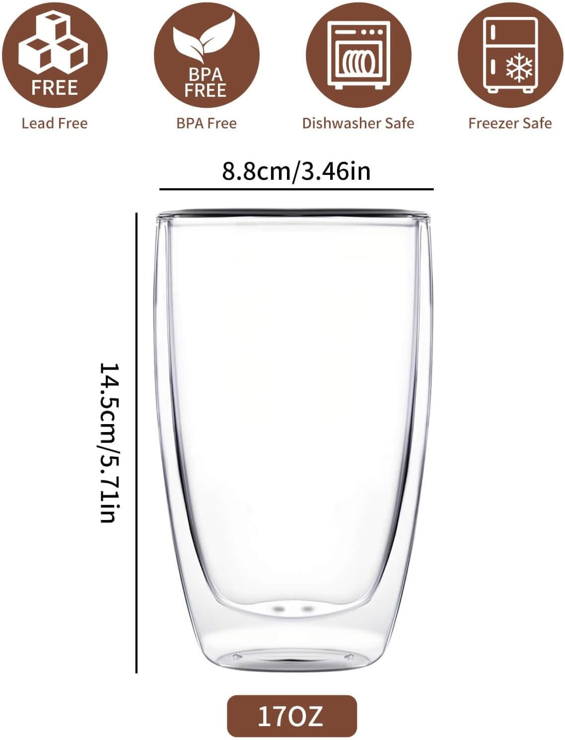 17oz Double Wall Glass Coffee Mugs, Insulated Coffee Mug, Clear Borosilicate