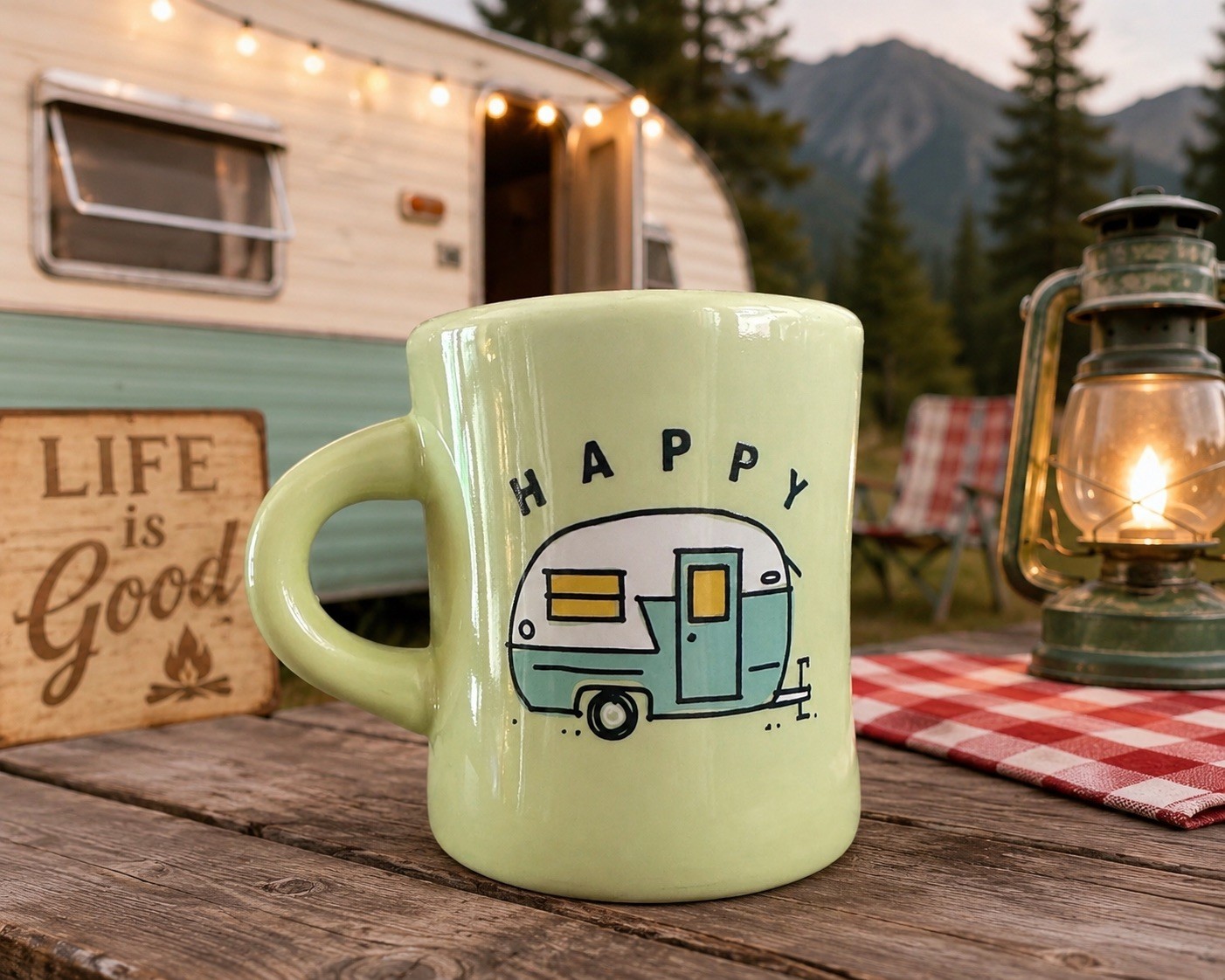 Life Is Good Happy Camper Spring Green Diner Mug 4” Tall Retro Camper Coffee Cup