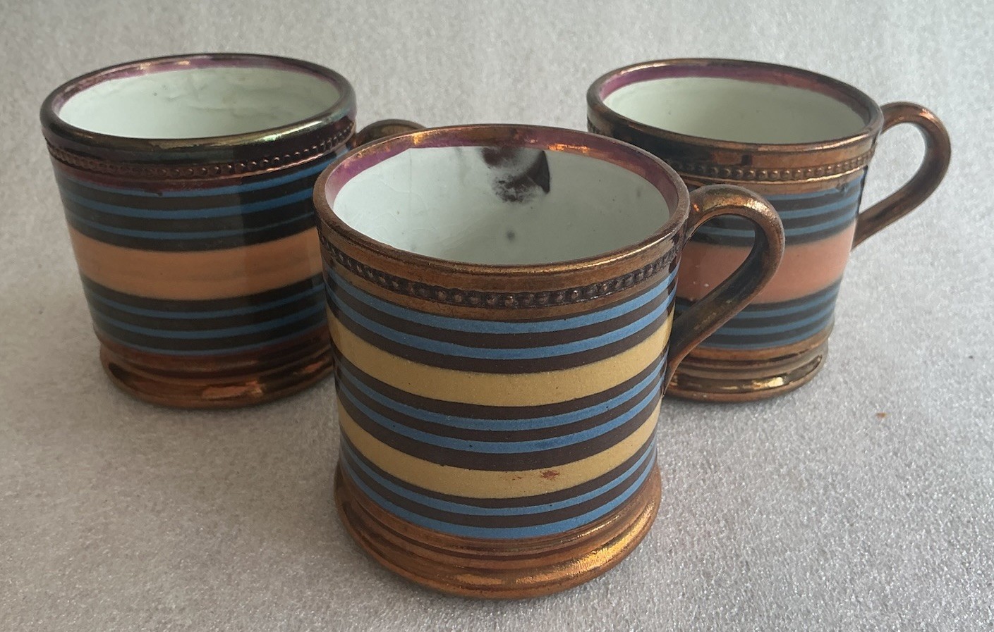 GROUP OF 3 ANTIQUE COPPER LUSTRE LUSTER MOCHA BANDED HANDLED MUGS ENGLISH