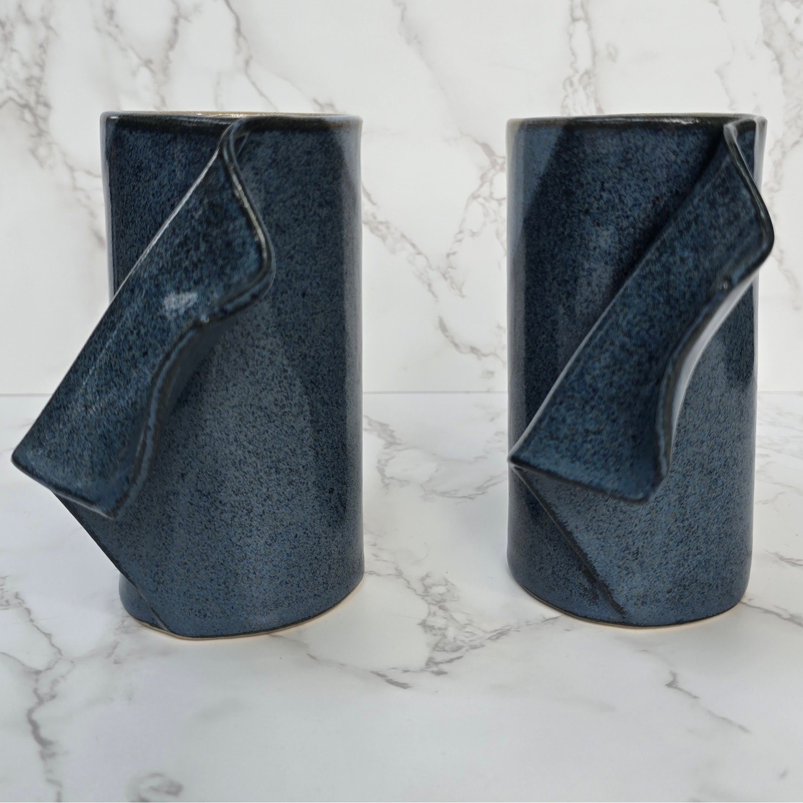 Studio Pottery Folded Handle Mugs Set of 2 Navy Blue Speckled Stoneware Artisan