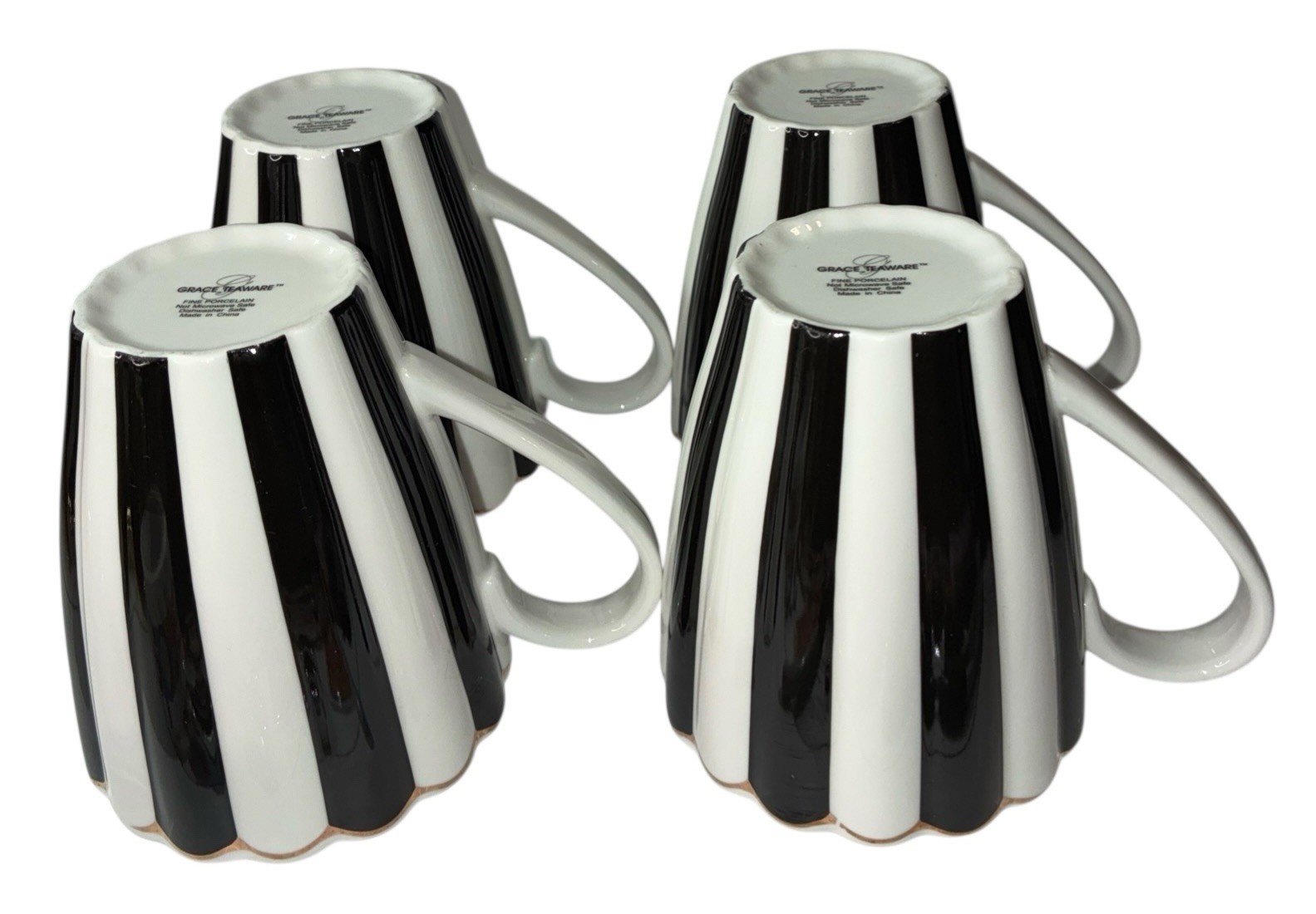 4 – Grace Teaware Black & White Scallop Josephine Gold Rim Porcelain Coffee Mug