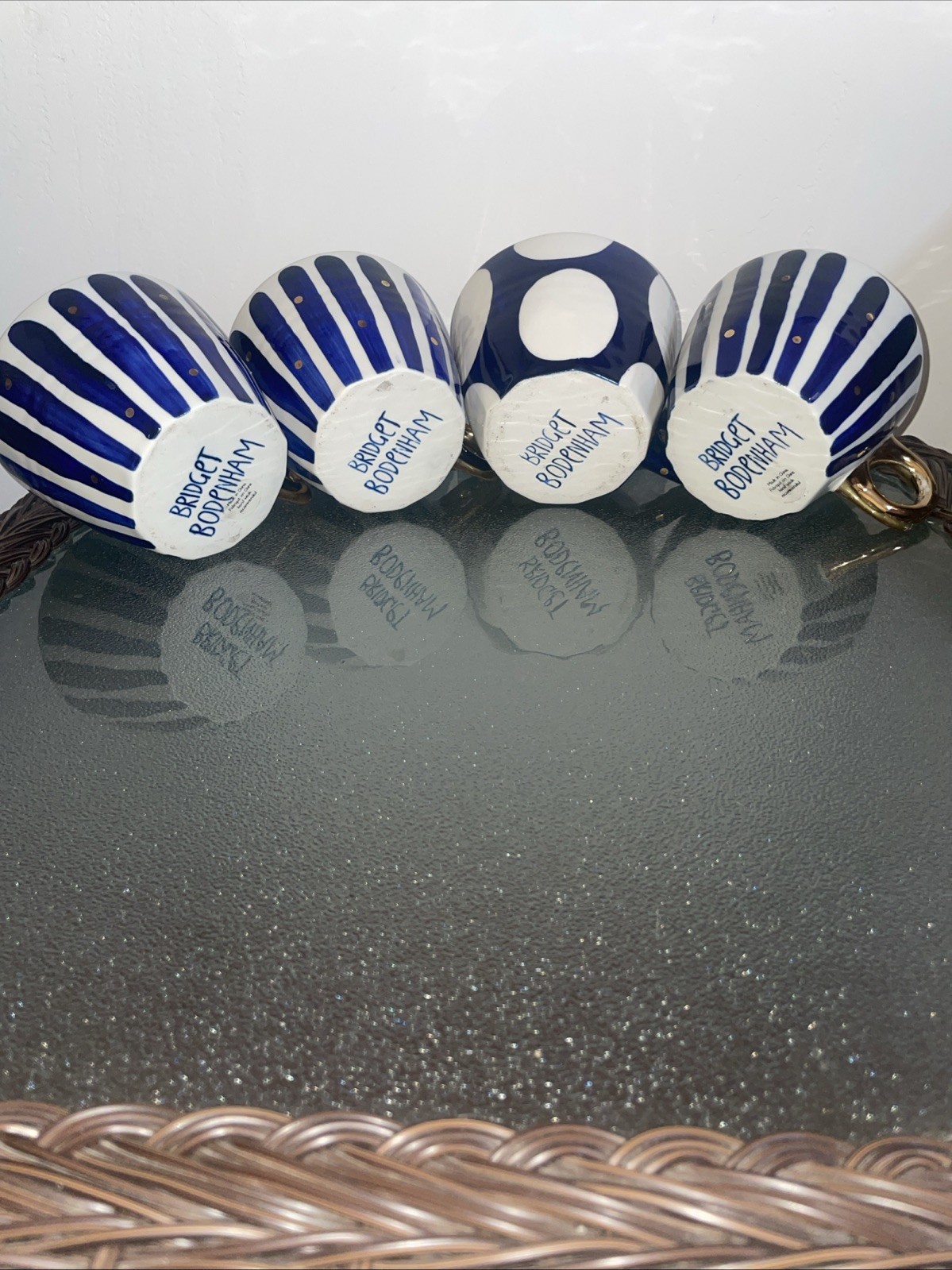 Anthropologie Bridget Bodenham Mug Set Blue Stripe Polka Dot Gold Boho Pottery