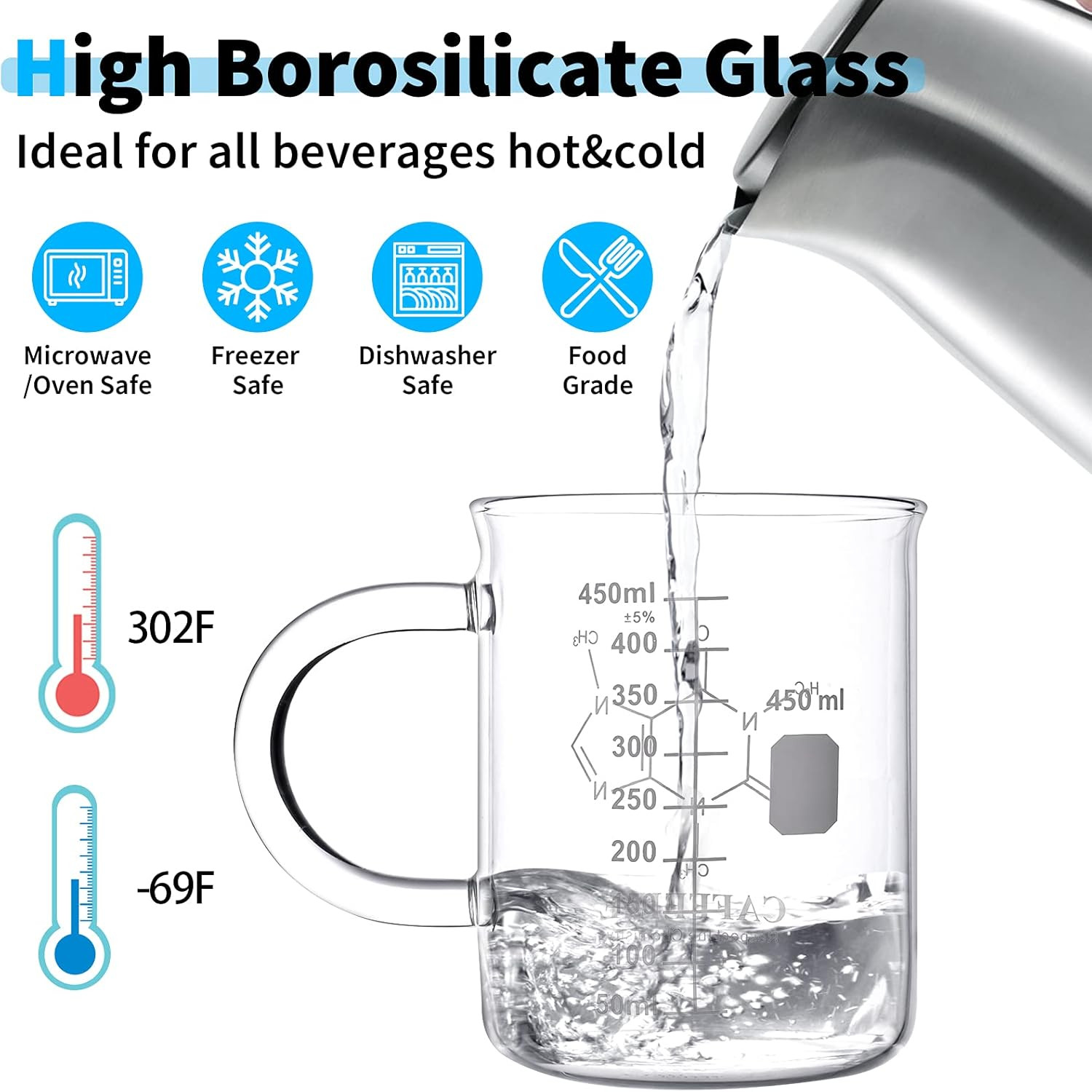 Caffeine Beaker Mug, Chemistry Coffee Mug 16 Oz Borosilicate Glass, Measuring Gr