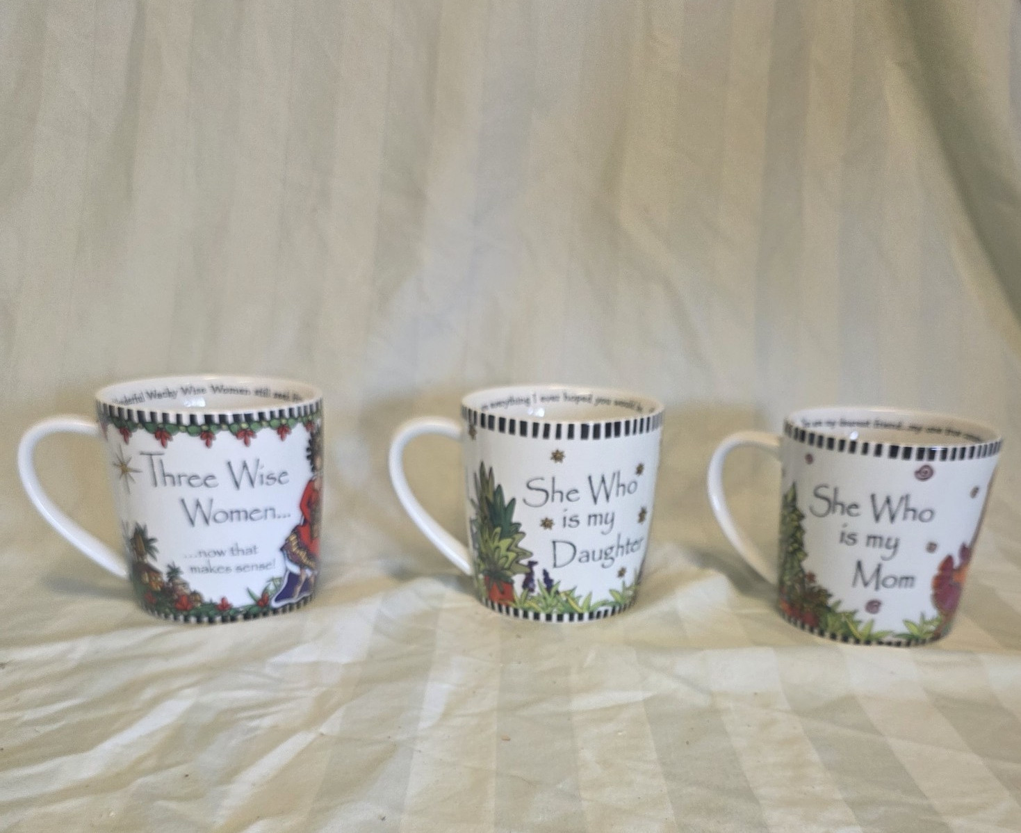 Wacky Wise Women Set of 3 Ceramic Coffee Mugs Mom Daughter 10 oz Decorated