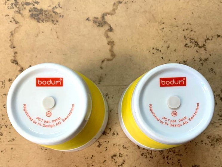 Set of 2 BODUM Porcelain Coffee Mugs Cups Yellow Silicone Grip Switzerland 4″