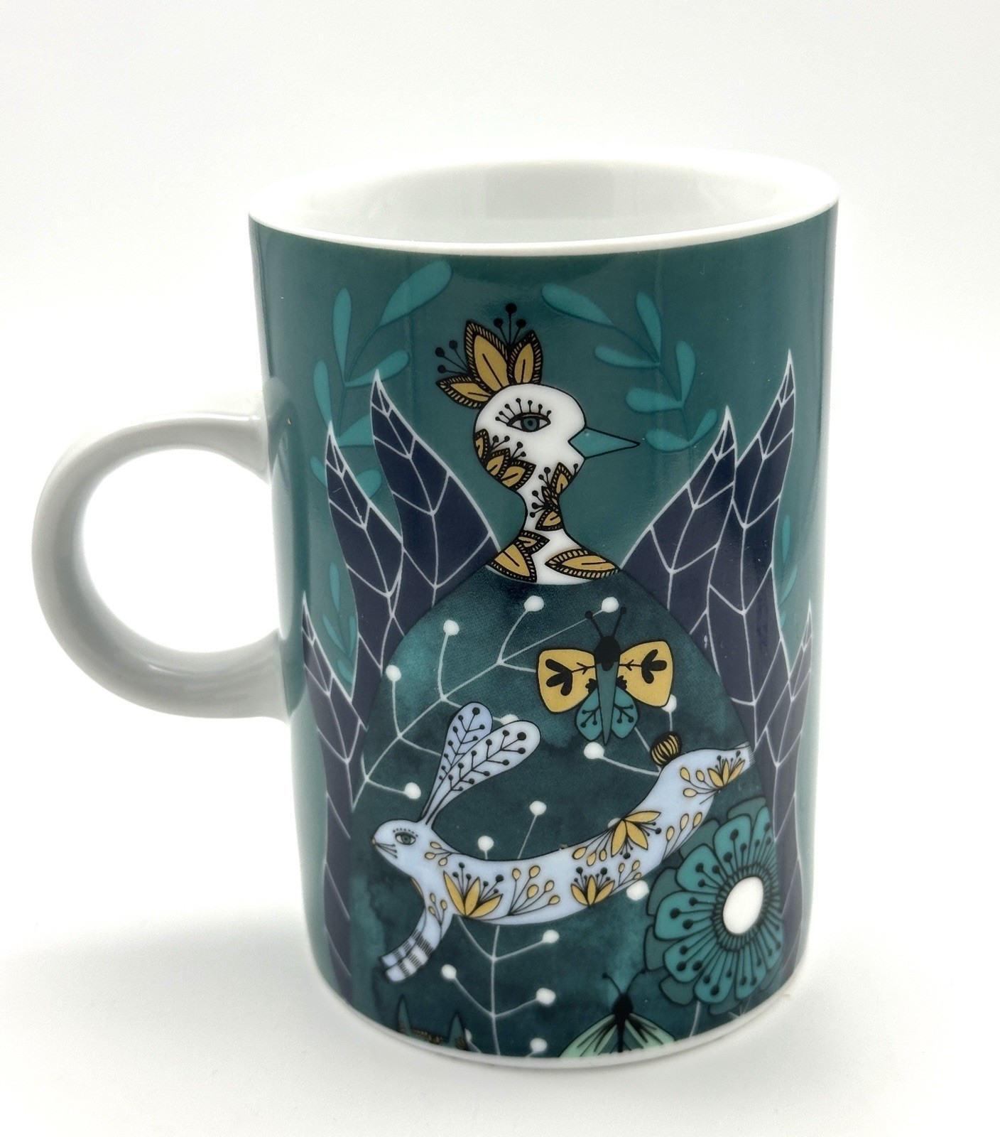 Danica Studio Peacock, Rabbit, Fox Coffee Mug Blues Greens Metallic 4.5″