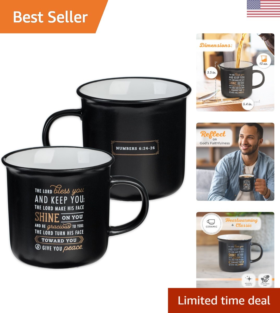 Inspirational Numbers 6:24-26 Ceramic Camp-Style Mug, 13 fl. oz – Black & Gold