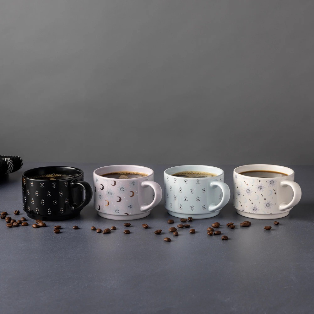 Stacking Stoneware Mugs Set of 4 Celestial Themed Coffee Cups 11.1 oz Assorted