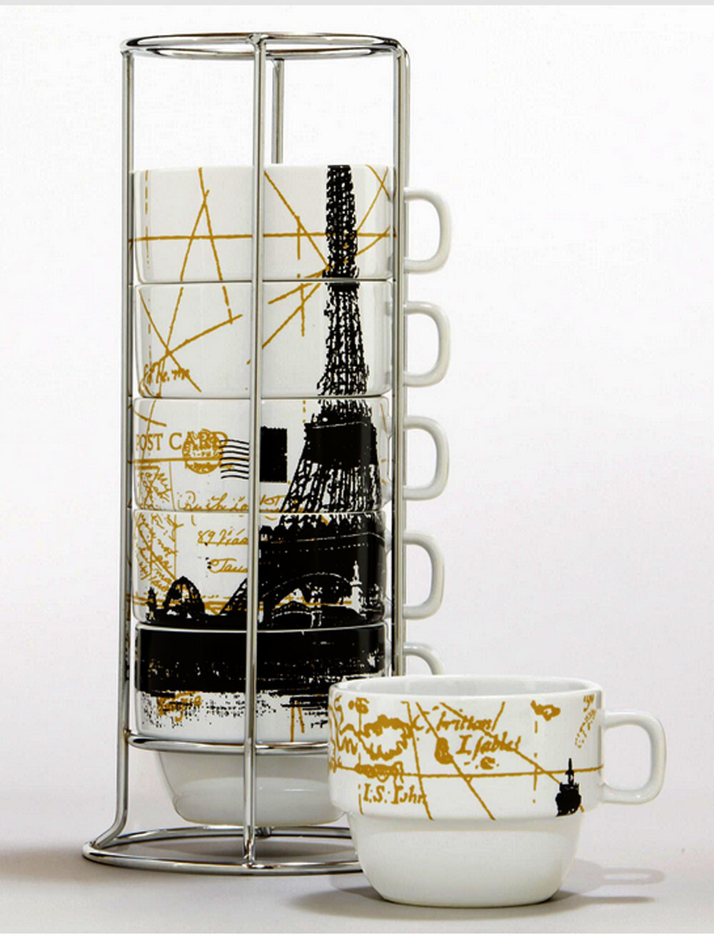 Royal Paris Eiffel Tower Stackable w/Metal Rack Art Nouveau Coffee Cups Mugs