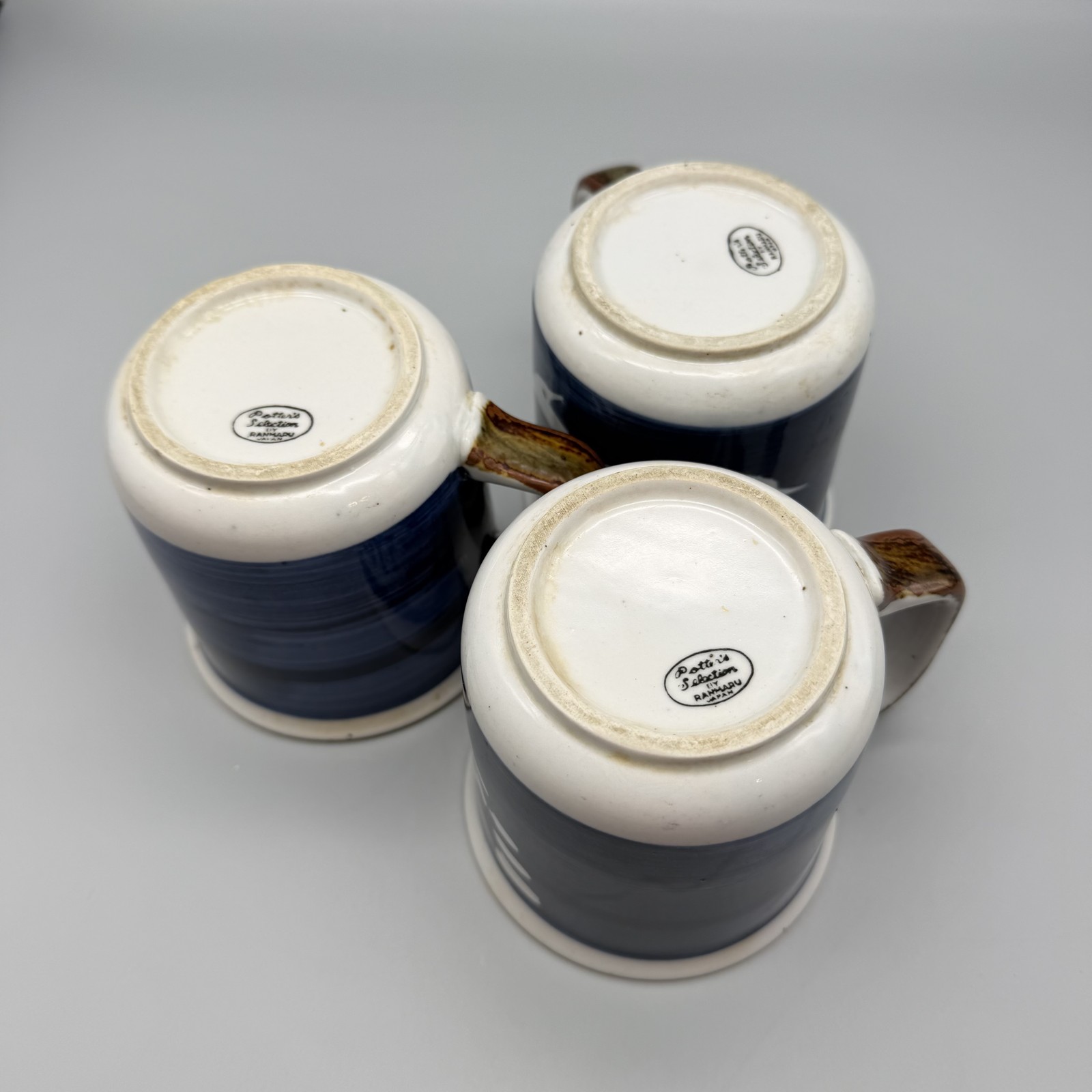Potters Selection Ranmaru Mugs 3 Japan Blue White Fish Bird Pattern Coffee