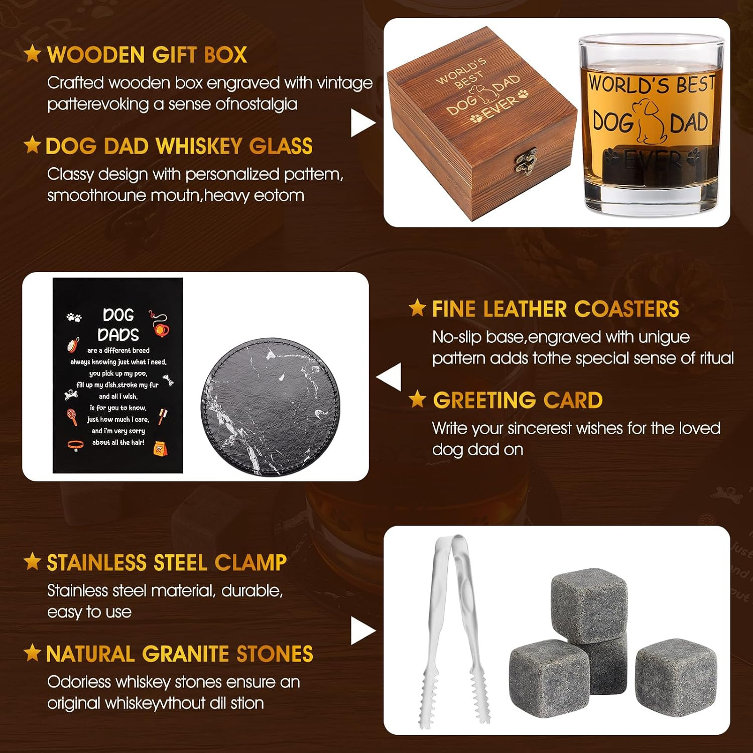 Dog Dad Gifts, Best Gift for Dad, Gift with 12Oz Whiskey Glasses, Stones, Coaste