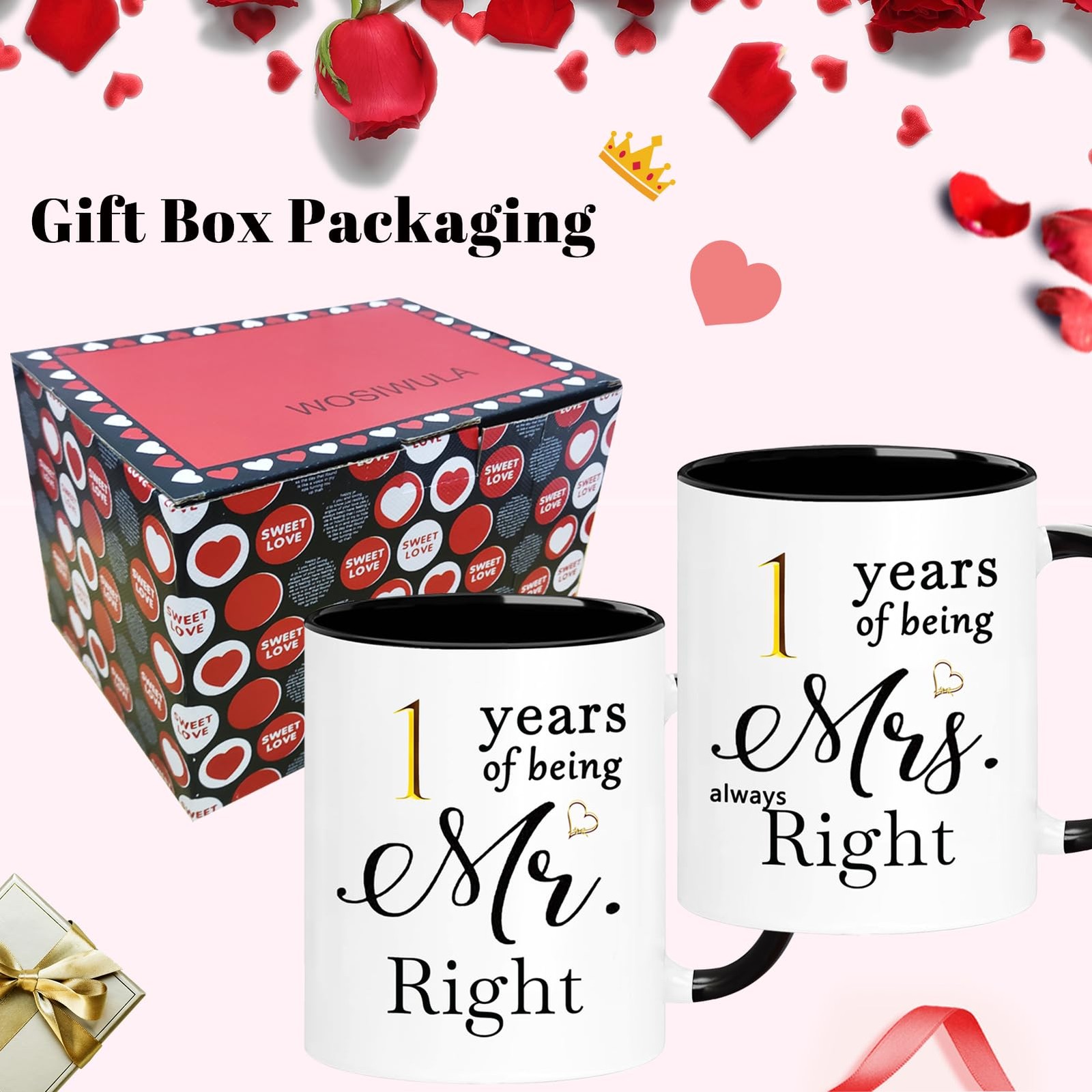 Set of 2 11oz 1 Year Anniversary Coffee Mugs 1th Wedding Gifts for Couple