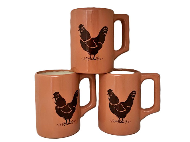 Chicken Mugs Diner Style Set of 3 Unique Vintage Cups Peach Color Rustic MCM