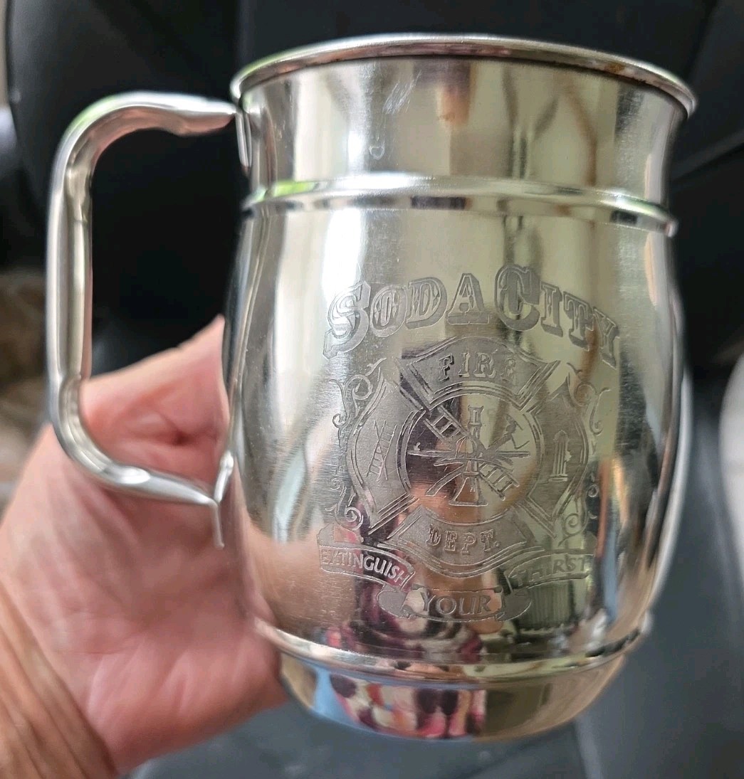 Metal Steel Soda City Mug Fire Department Logo Extinguish Your Thirst