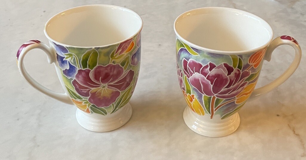 Royal Garden Floral Garden Fine Bone China Teacups Set of 2 Etched Watercolor