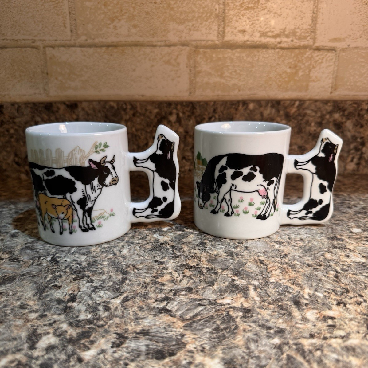 Ceramic Cow Handle Coffee Mug Set of 2 11 fl oz White/Multicolor Pictorial