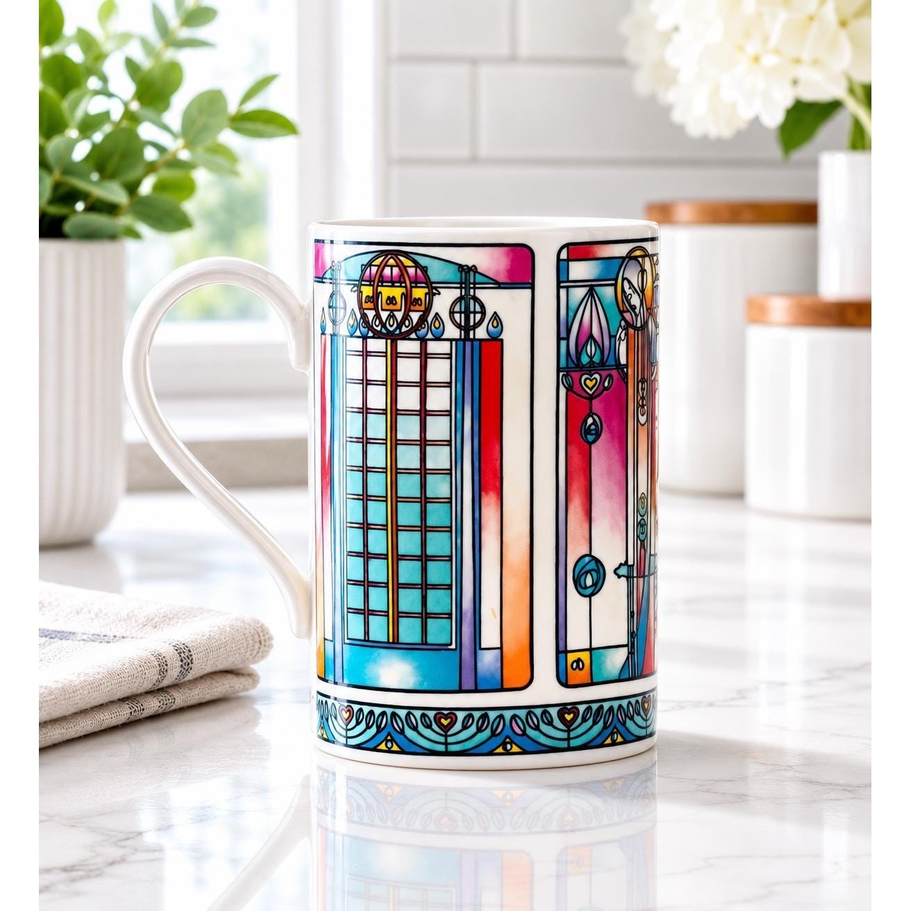 Dunoon Renfrew MackintoshScottish White Porcelain Mug Art Nouveau Jane Brookshaw