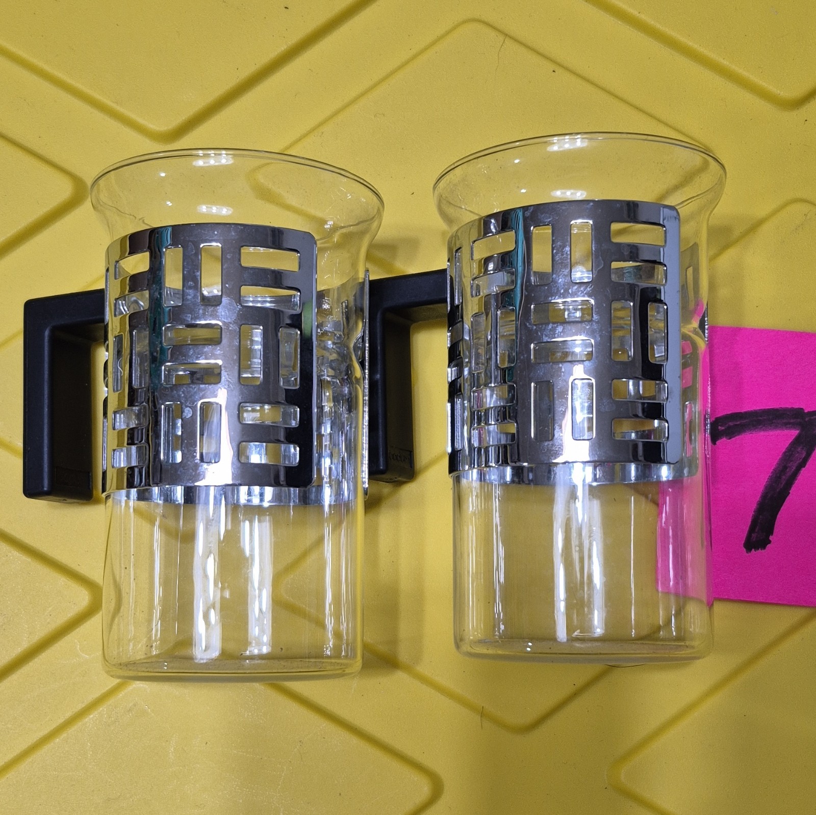 BODUM Set of 2 Clear Glass Coffee Mugs 12oz Black Handles Silver Sleeve