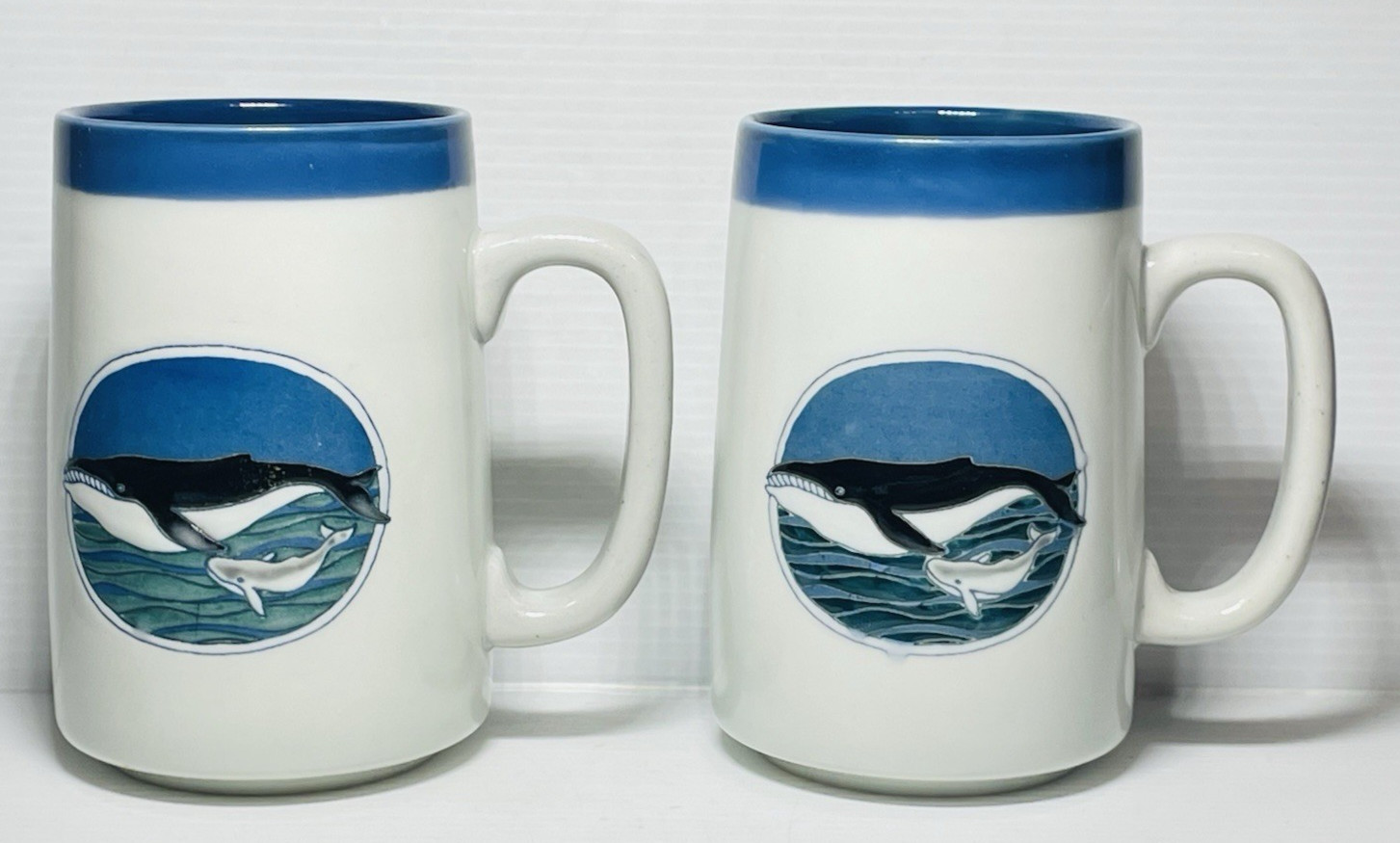 2 Otagiri Humpback Whales Lightly Embossed Ceramic Hand-Crafted Large Mugs.