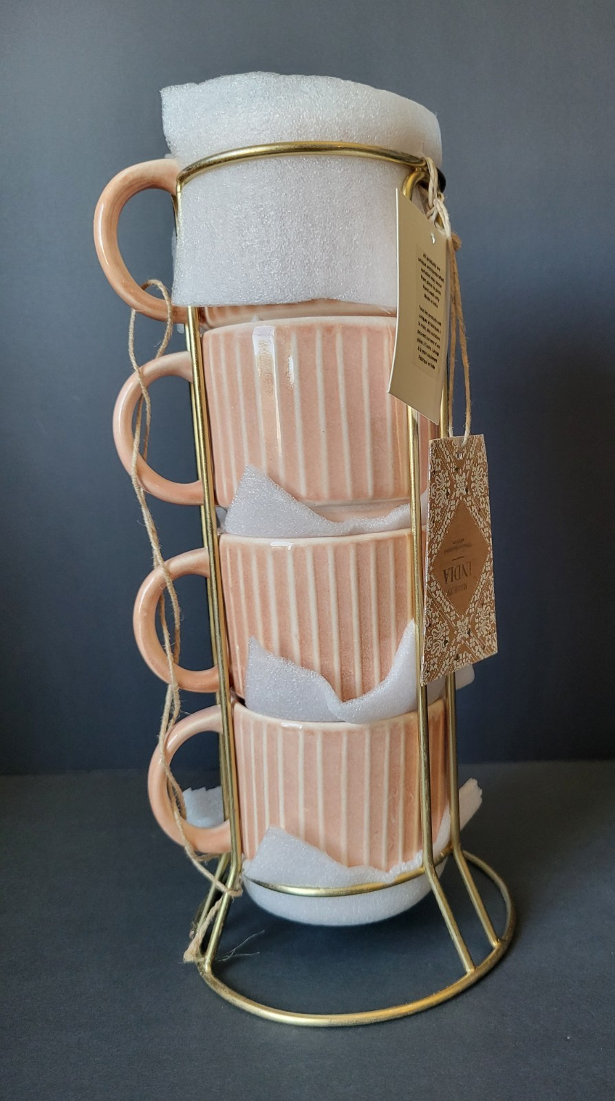 Unbranded coffee mugs set of 4 in a rack new with tags handcrafted in India tan