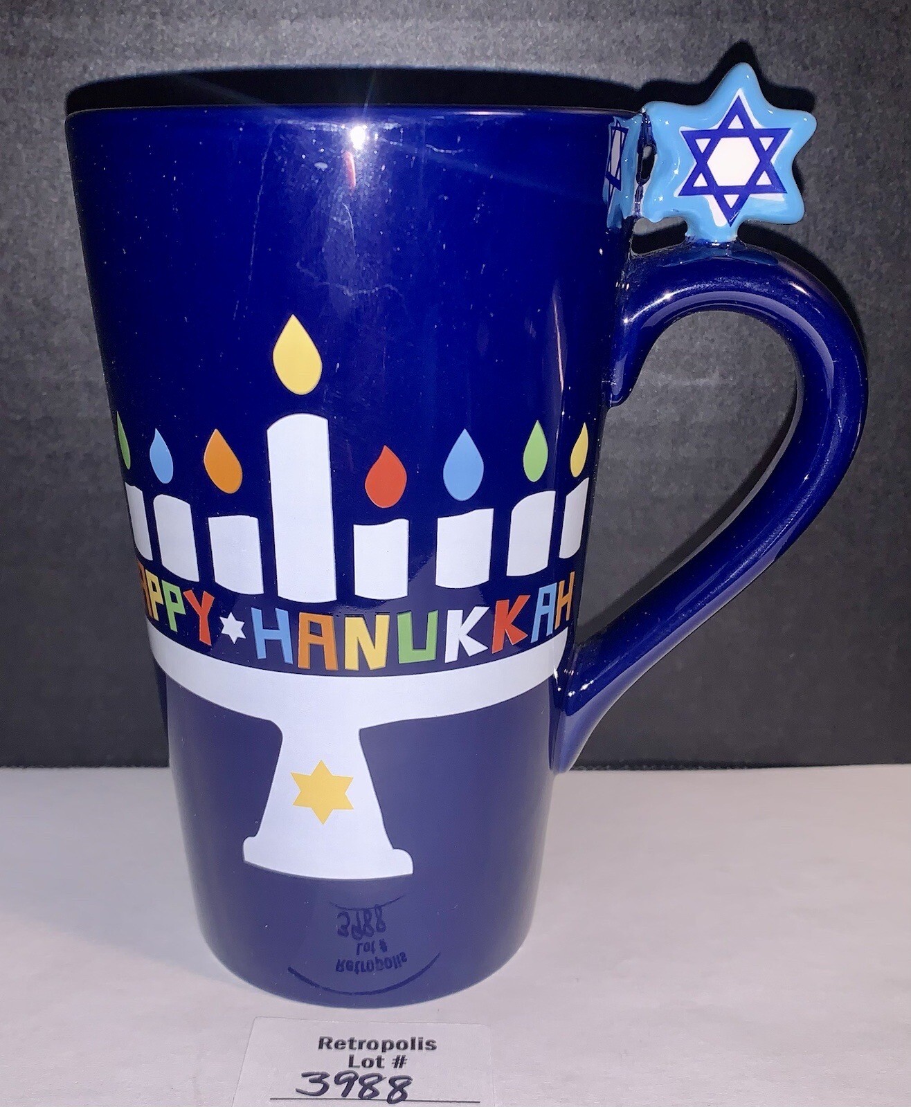 Happy Hanukkah Menorah & Star of David Ceramic Blue Coffee CUP Mug
