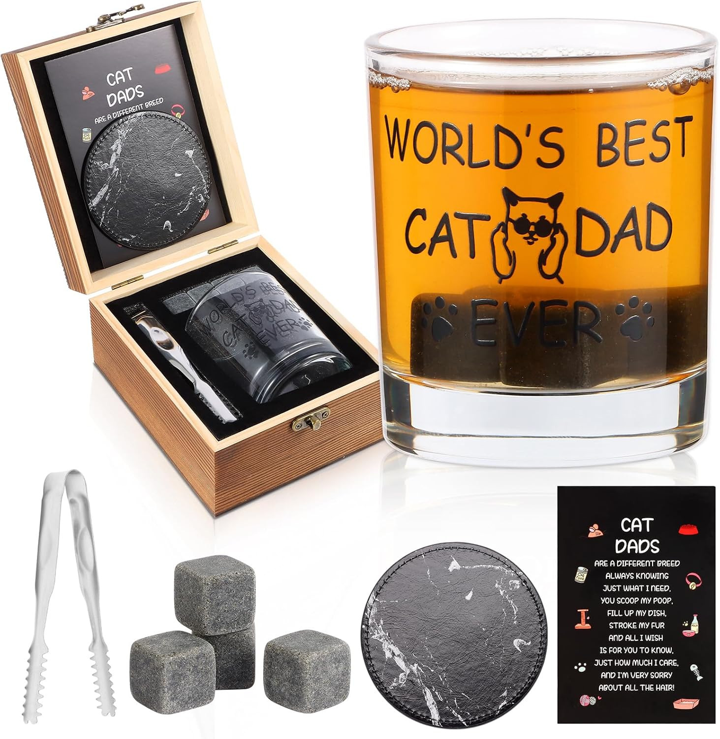 Cat Dad Gifts, Best Gift for Dad, Gift with 12Oz Whiskey Glasses, Stones, Coaste