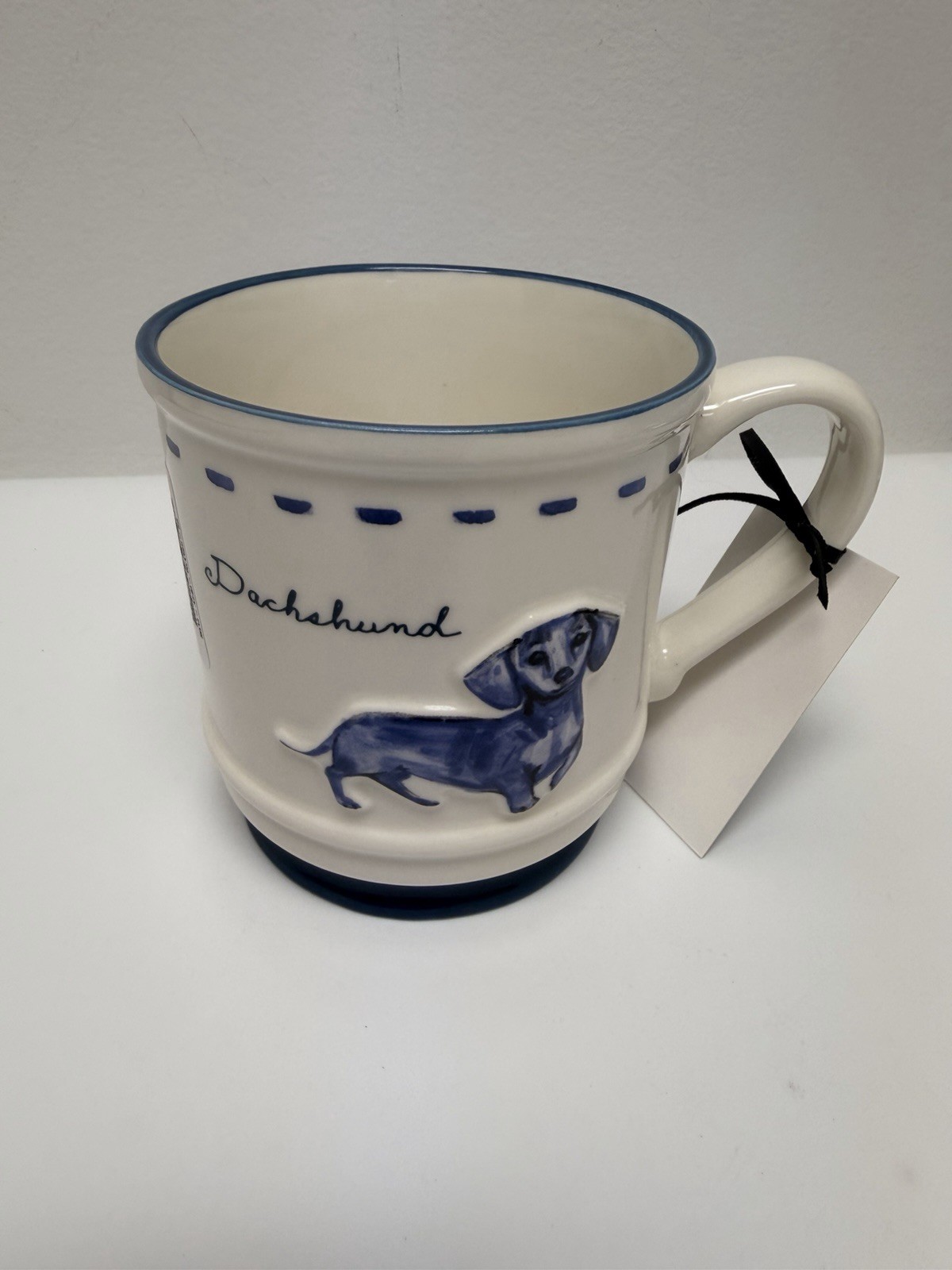 Dwell Studio Dachshund Ceramic Coffee Mug Blue White Embossed Dog Lover Doxie